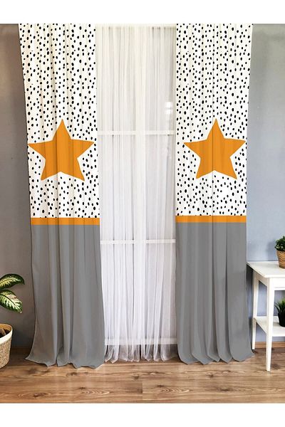 Evmila Printed Star Patterned Single Wing Velvet Texture Background Curtain - Gray