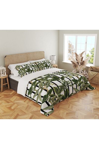 Evmila Set cuvertură de pilota dublă 200x220 cm 2 bucăți 50x70cm cu model frunze verzi - alb