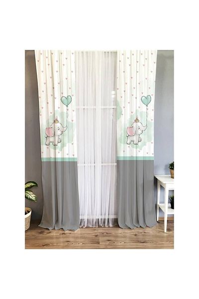 Evmila Elephant Patterned Children's Room Background Curtain