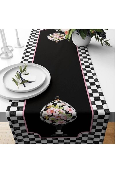 Evmila Runner din catifea cu model Gingham negru