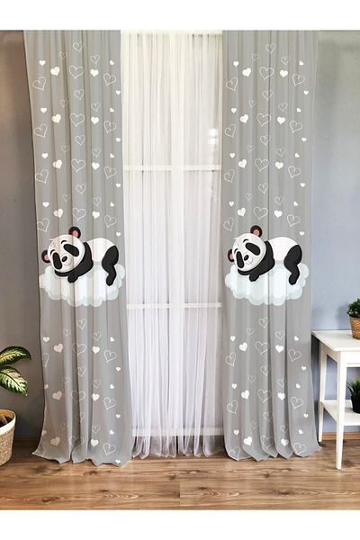 Evmila Printed Panda Sleeping in the Cloud Patterned Single Wing Velvet Texture Background Curtain - Gray