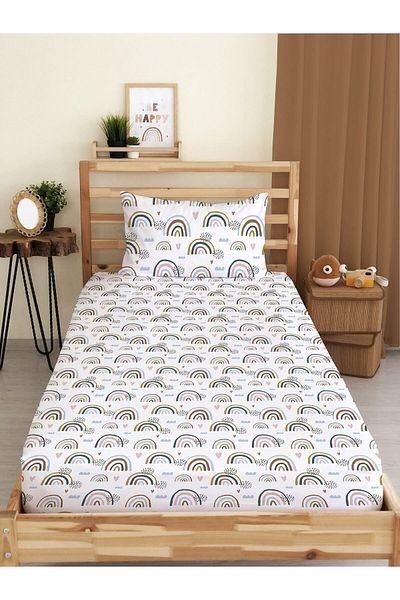 Evmila White Single Rainbow Patterned Sheet Set - 100X200 cm Elastic