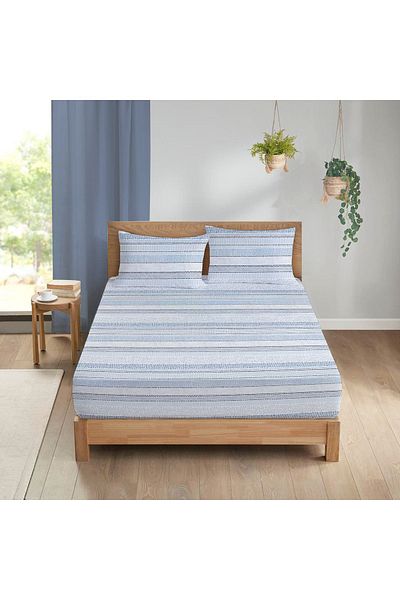 Evmila Set cearșaf dublu 160x200 cm imprimat cu model linie - albastru