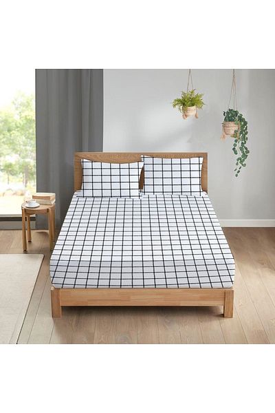 Evmila Square Pattern Printed Double Sheet Set 160x200 Cm - White