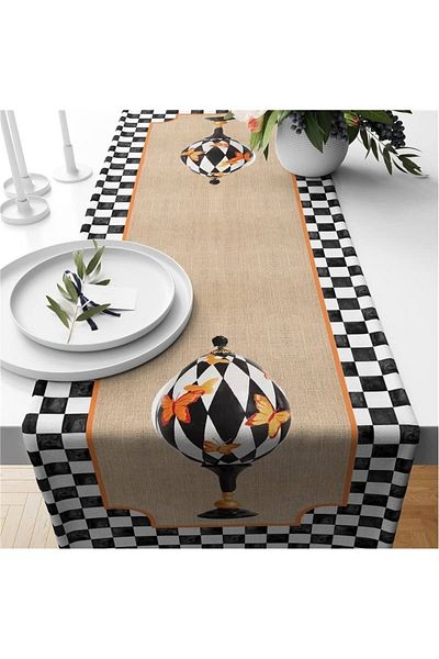 Evmila Runner din catifea cu model Gingham negru