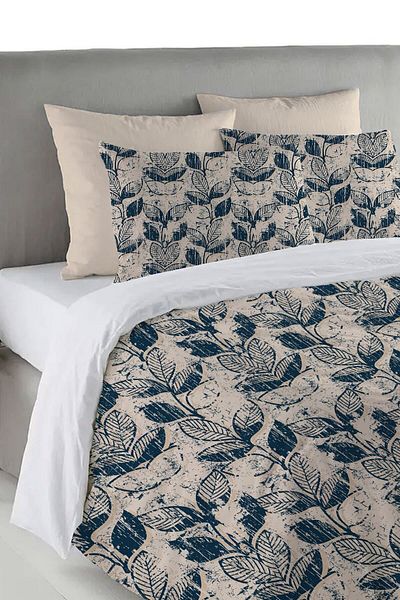 Evmila Σετ Παπλωματοθήκη Διπλό 200x220 εκ. Silik Blue Leaf Pattern Printed - Cream