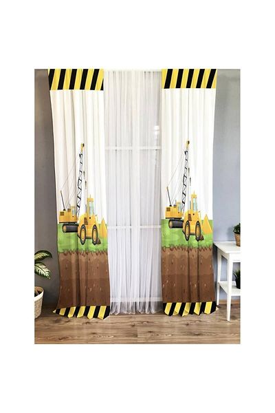 Evmila Construction Machine Patterned Children's Room Background Curtain