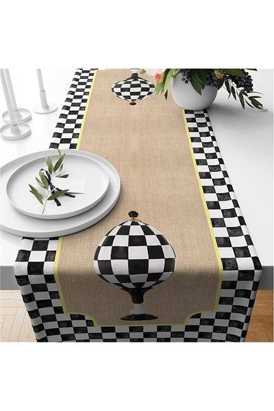 Evmila Runner din catifea cu model Gingham negru