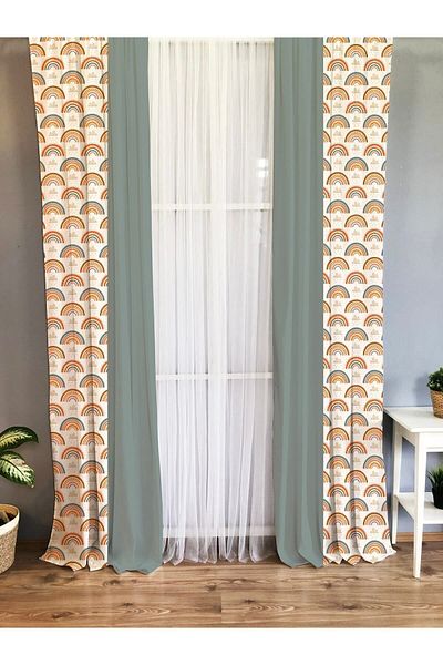 Evmila Printed Rainbow Patterned Single Wing Velvet Texture Background Curtain - Gray