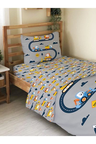 Evmila Double Sided Construction Machinery Patterned - Printed Single Duvet Cover Set Gray