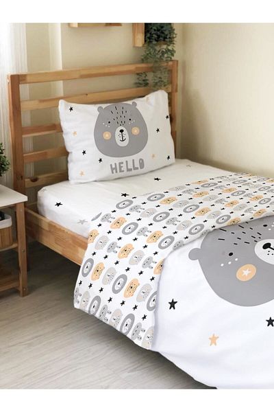 Evmila Bear Pattern Reversible- Σετ Παπλωματοθήκη 2 τεμαχίων χωρίς σεντόνια, εμπριμέ και εξατομικευμένη - Λευκό