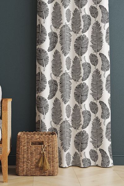 Evmila Printed Black Leaf Patterned Living Room and Bedroom Single Wing Velvet Texture Background Curtain - White