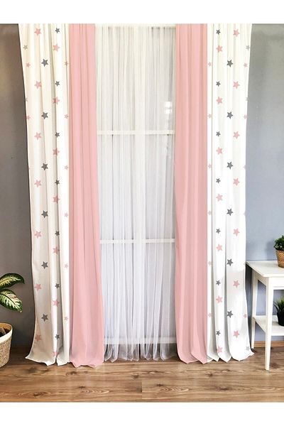 Evmila Printed Star Patterned Single Wing Velvet Texture Background Curtain - Pink