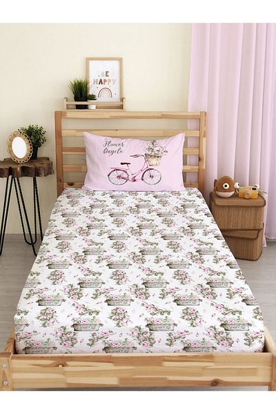 Evmila Flower and Bicycle Patterned Printed Single Elastic Sheet Set