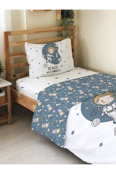 Evmila Set de 2 lenjerie de pat cu model astronaut pe două fețe, fără cearșafuri, alb