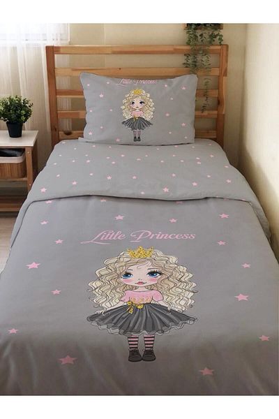 Evmila Double Sided Princess Patterned 2-Piece Set Without Sheets Printed Single Duvet Cover Set Gray