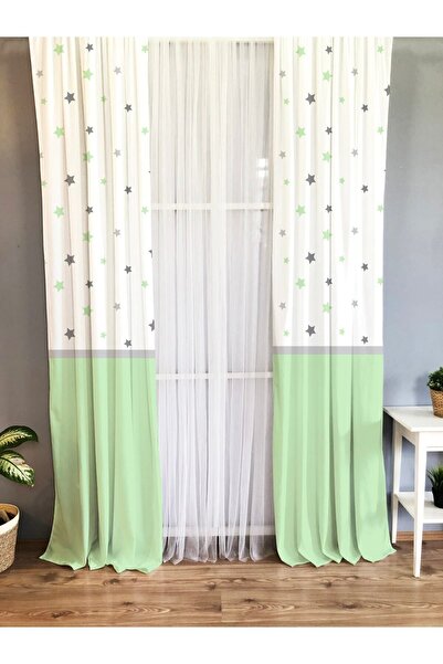 Evmila Baskılı Yıldız Desenli Tek Kanat Kadife Doku Fon Perde - Yeşil