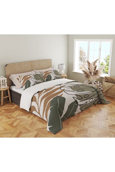 Evmila Set cuvertură de pilota dublă 200x220 cm cu model frunze imprimate - alb