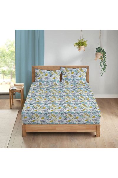 Evmila Set cearșaf dublu 160x200 cm imprimat cu model frunze - albastru