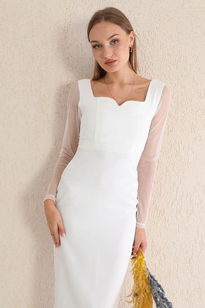 OlaLady Rochie romantică ecru creion cu detaliu din tul