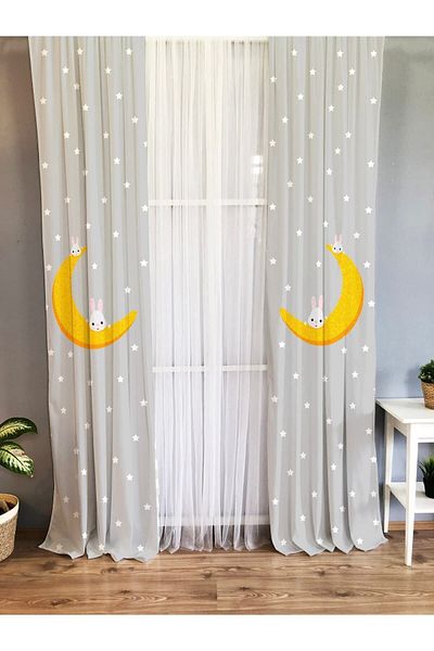 Evmila Printed Moon Patterned Single Wing Velvet Texture Background Curtain - Gray