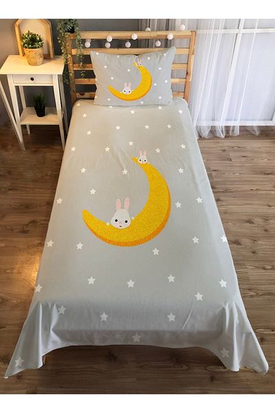 Evmila Moon and Rabbit Patterned Single Velvet Bedspread - gray