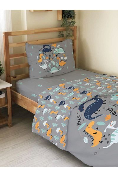 Evmila Double Sided Dinosaur Patterned 2-Piece Set Without Sheets Printed Single Duvet Cover Set Gray