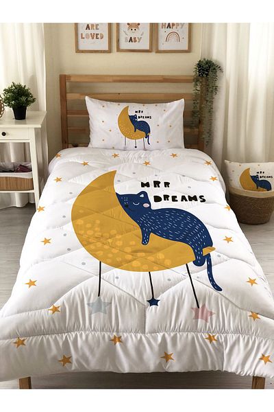 Evmila Single Cat Patterned Quilted Sleeping Set