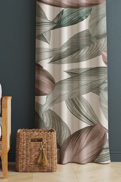 Evmila Printed Leaf Patterned Living Room and Bedroom Single Wing Velvet Texture Background Curtain - Brown