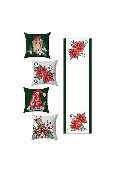 Evmila New Year's Themed 4-Piece Throw Pillow Cover and Runner 5-Piece Set