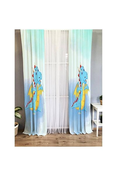 Evmila Dinosaur Patterned Children's Room Velvet Background Curtain