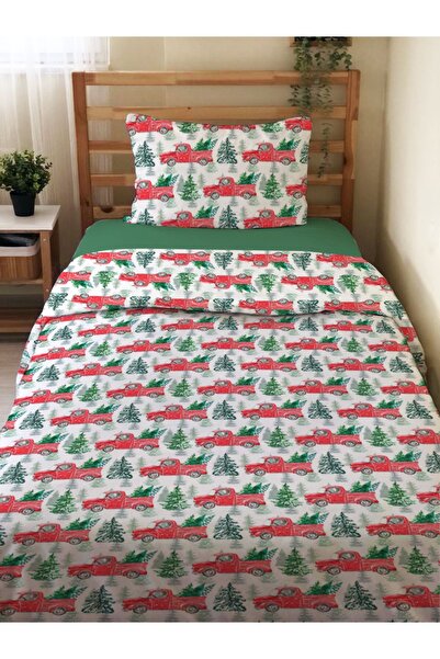 Evmila Çift Taraflı Yılbaşı Özel Kamyonet Desenli Çarşafsız 2'li Takım Baskıl...