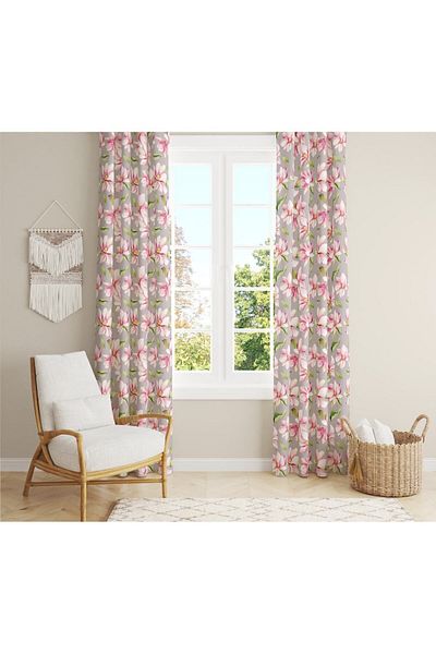 Evmila Floral Patterned Velvet Background Curtain - Texture Printed