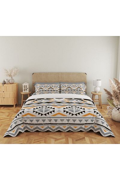 Evmila Model Geometric Imprimat Dublu 200x220 Cm 2 Bucuri 50x70cm Set Pilomă - Ecru