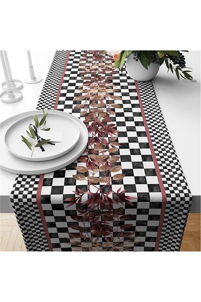 Evmila Runner din catifea cu model Gingham negru