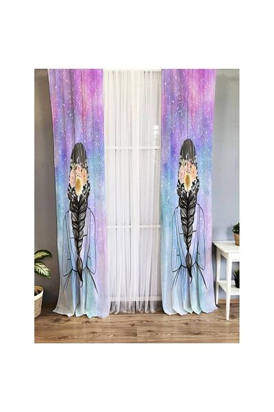 Evmila Girl Patterned Children's Room Velvet Background Curtain with Flower Buckle