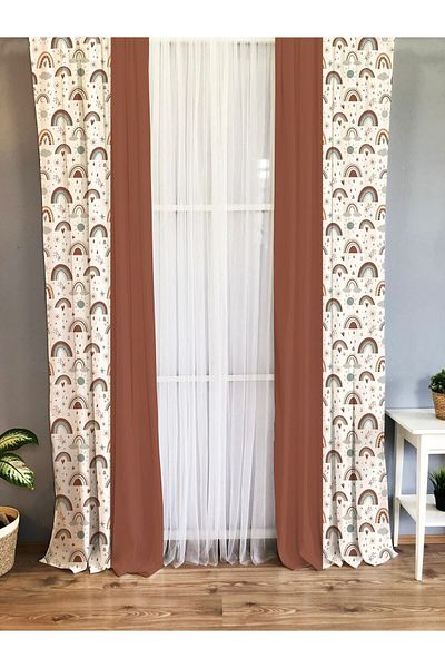 Evmila Printed Rainbow Patterned Single Wing Velvet Texture Background Curtain - Brown