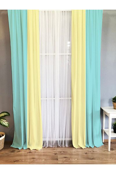 Evmila Printed Plain Turquoise And Yellow Single Wing Velvet Texture Background Curtain -