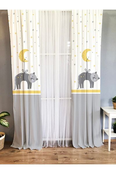 Evmila Printed Moon and Cat Patterned Single Wing Velvet Texture Background Curtain - Gray