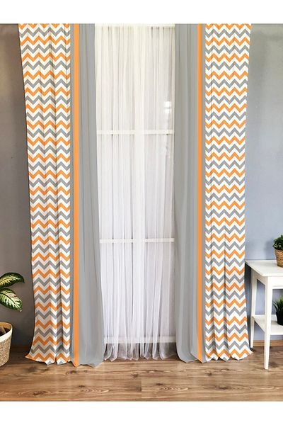 Evmila Printed Zigzag Patterned Single Wing Velvet Texture Background Curtain - Gray and Orange