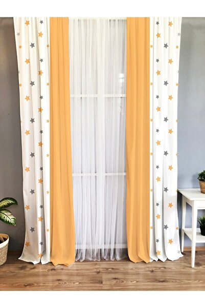Evmila Baskılı Yıldız Desenli Tek Kanat Kadife Doku Fon Perde - Turuncu