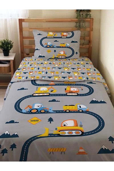 Evmila Double Sided Construction Machinery Patterned - Printed Single Duvet Cover Set Gray