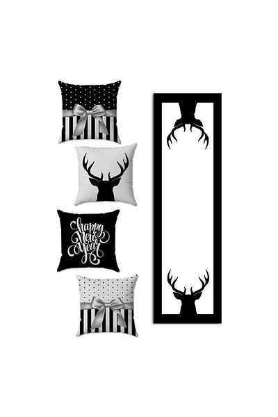 Evmila New Year's Themed 4-Piece Throw Pillow Cover and Runner 5-Piece Set