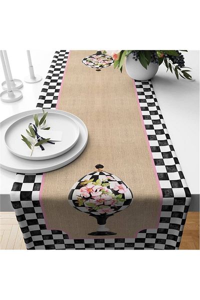 Evmila Runner din catifea cu model Gingham negru