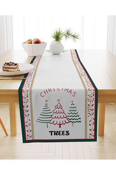 Evmila Christmas Themed Tree Patterned Velvet Runner