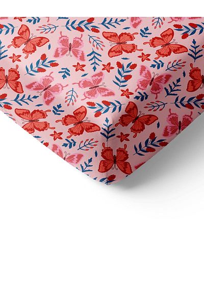 Evmila Butterfly Pattern Printed Double Sheet Set 160x200 Cm - Red Pink