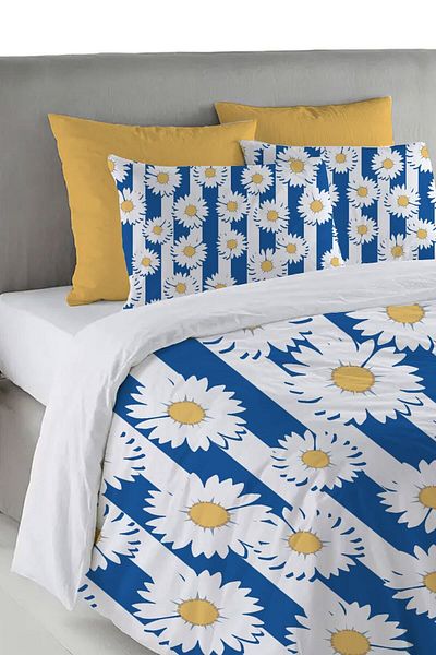 Evmila Set cuvertură de pilota dublă 200x220 cm cu model margaretă cu dungi albastre și albe - albastru
