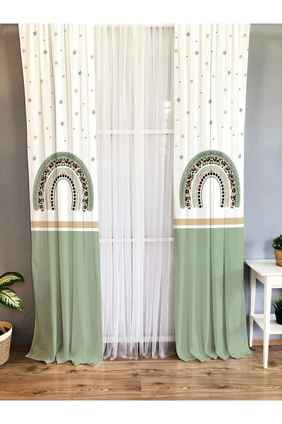 Evmila Cortina de fundal cu textura de catifea cu o singură aripă cu model curcubeu imprimat - verde