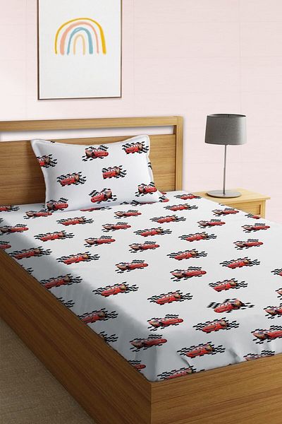 Evmila Lightning Car Pattern Printed Single 100x200 Cm Elastic Sheet Set White