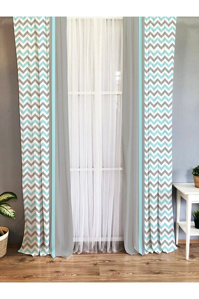 Evmila Printed Zigzag Patterned Single Wing Velvet Texture Background Curtain - Gray And Blue